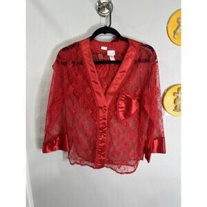 Frederick's of Hollywood Red Lace Heart Lingerie Set Sheer 2pc
